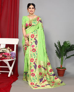 Parrot Green Paithani Saree With Silk Blouse