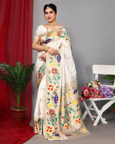 White Paithani Saree With Silk Blouse