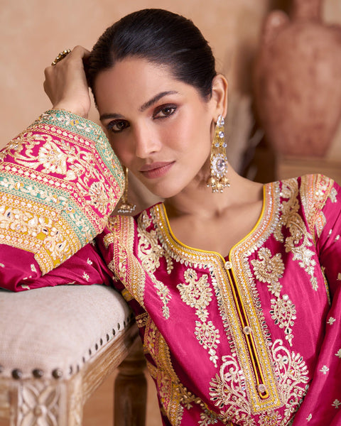 Pink Chinnon Umbrella Sleeves Zari Mirror Work Pakistani Suit