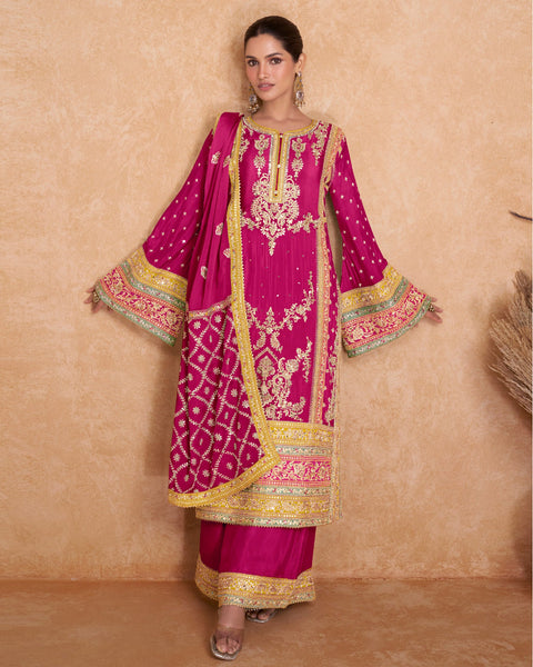 Pink Chinnon Umbrella Sleeves Zari Mirror Work Pakistani Suit