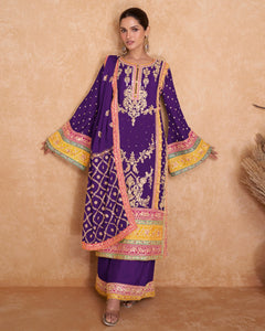 Purple Chinnon Umbrella Sleeves Zari Mirror Work Pakistani Suit