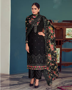 Embroidered Black Palazzo Suit In Georgette And Floral Print Black Dupatta