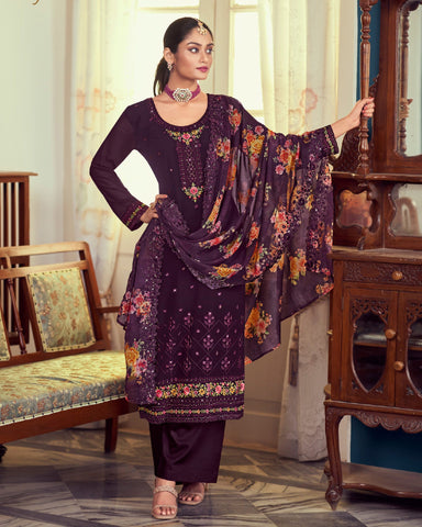 Embroidered Purple Palazzo Suit In Georgette And Floral Print Purple Dupatta