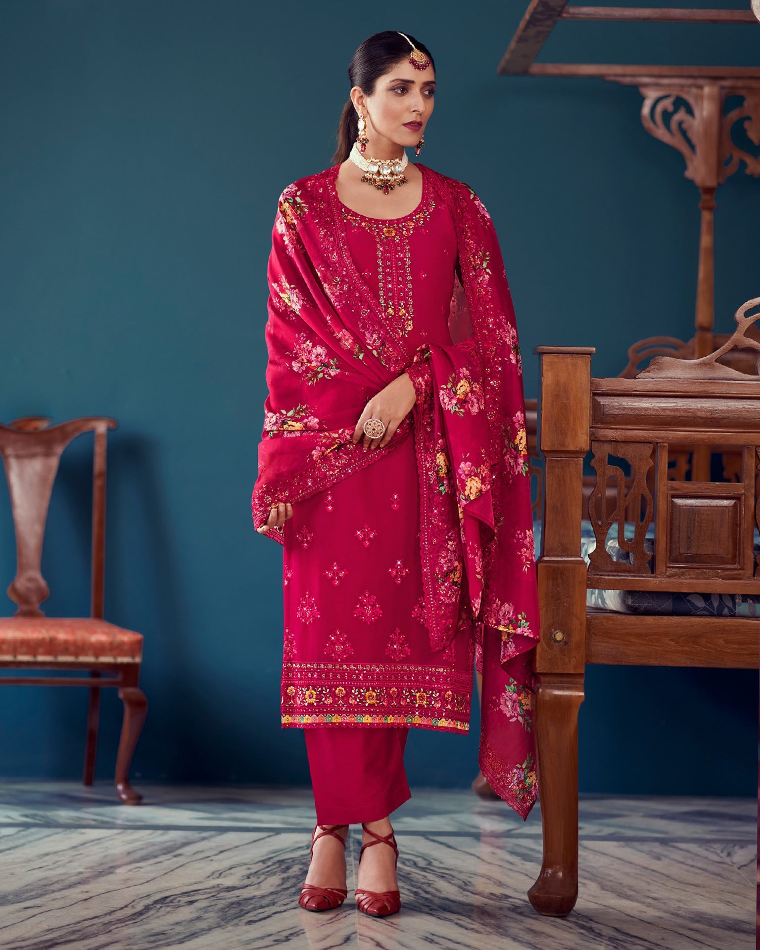 Embroidered Magenta Palazzo Suit In Georgette And Floral Print Magenta Dupatta
