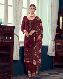 Embroidered Maroon Palazzo Suit In Georgette And Floral Print Maroon Dupatta