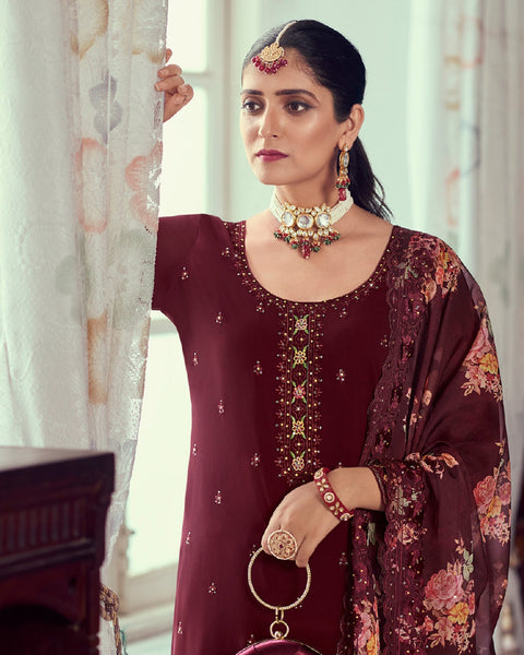 Embroidered Maroon Palazzo Suit In Georgette And Floral Print Maroon Dupatta