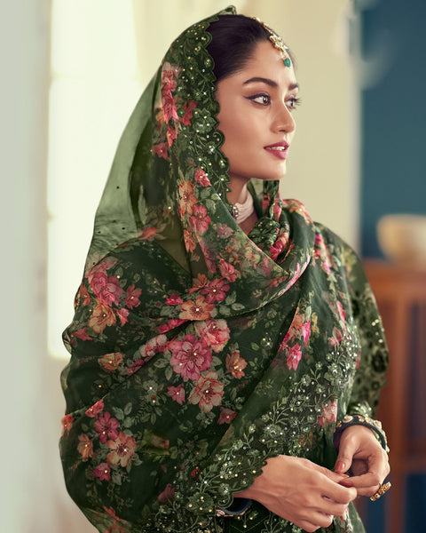 Embroidered Green Palazzo Suit In Georgette And Floral Print Green Dupatta