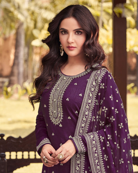 Purple Dola silk Palazzo Suit With Embroidered Dupatta