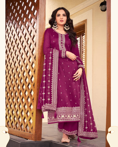 Magenta Dola silk Palazzo Suit With Embroidered Dupatta