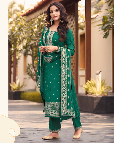 Green Dola silk Palazzo Suit With Embroidered Dupatta