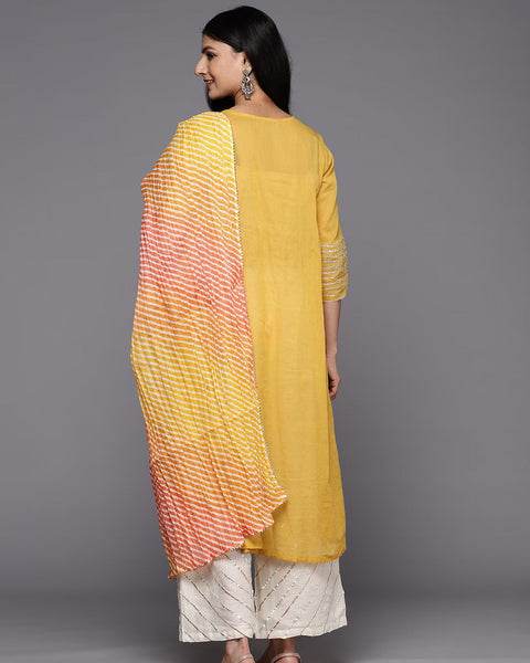 Yellow Pure Cotton A Line Suit With Laheria Dupatta