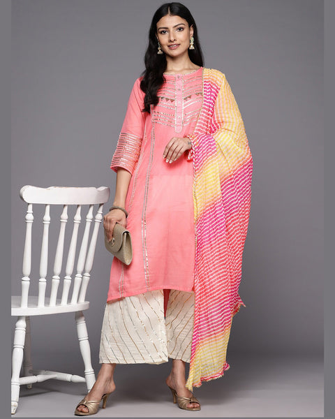 Pink Pure Cotton A Line Suit With Laheria Dupatta