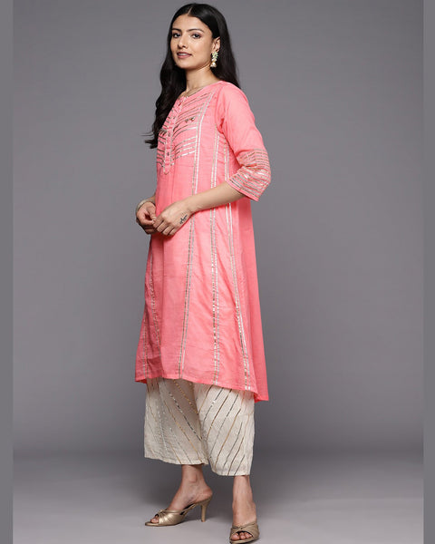 Pink Pure Cotton A Line Suit With Laheria Dupatta