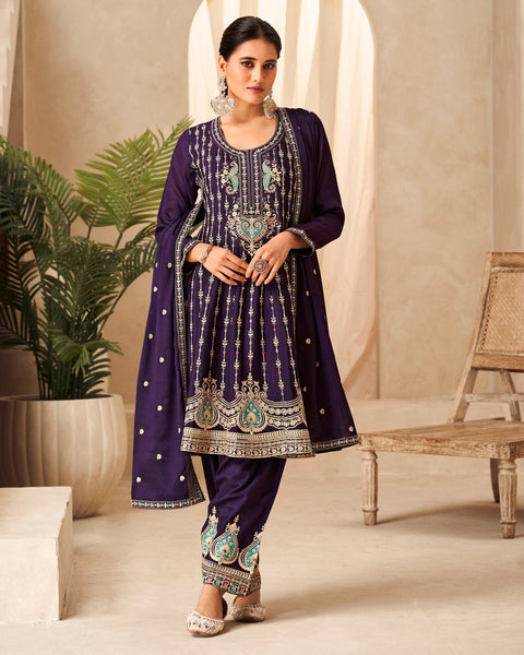 Purple Thread Work  Chinnon Bridal Palazzo Suit With Embroidered Dupatta
