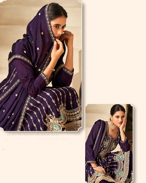 Purple Thread Work  Chinnon Bridal Palazzo Suit With Embroidered Dupatta