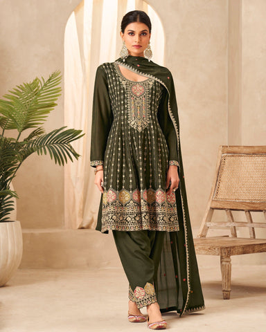 Mehandi Green Thread Work  Chinnon Bridal Palazzo Suit With Embroidered Dupatta