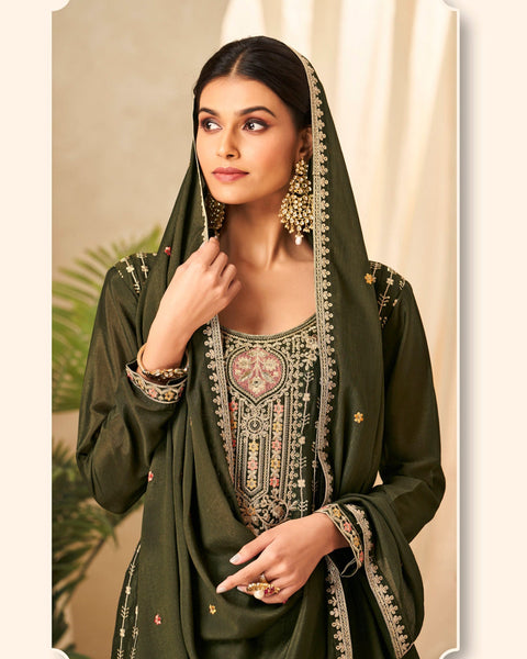 Mehandi Green Thread Work  Chinnon Bridal Palazzo Suit With Embroidered Dupatta