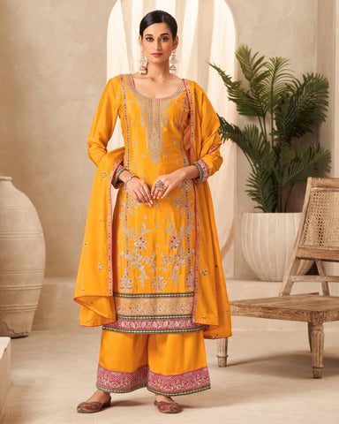 Yellow Thread Work  Chinnon Bridal Palazzo Suit With Embroidered Dupatta