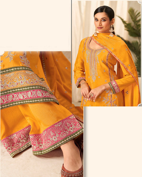 Yellow Thread Work  Chinnon Bridal Palazzo Suit With Embroidered Dupatta