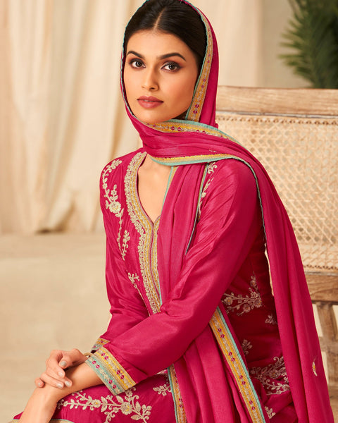 Pink Thread Work  Chinnon Bridal Palazzo Suit With Embroidered Dupatta