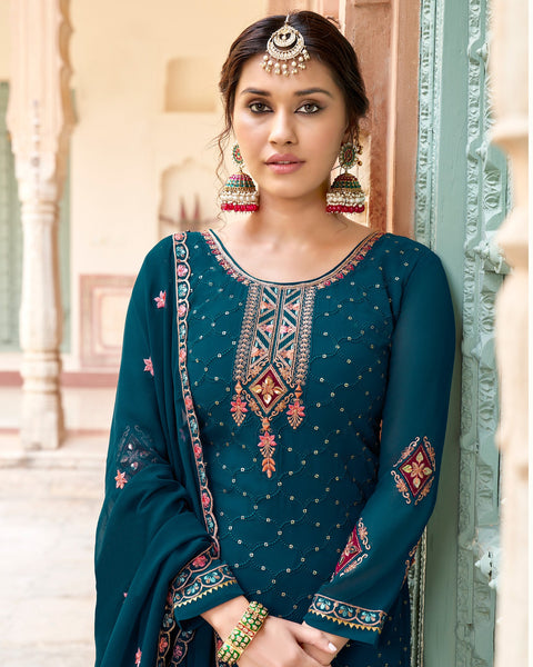 Blue Georgette Palazzo Suit With Embroidered Dupatta