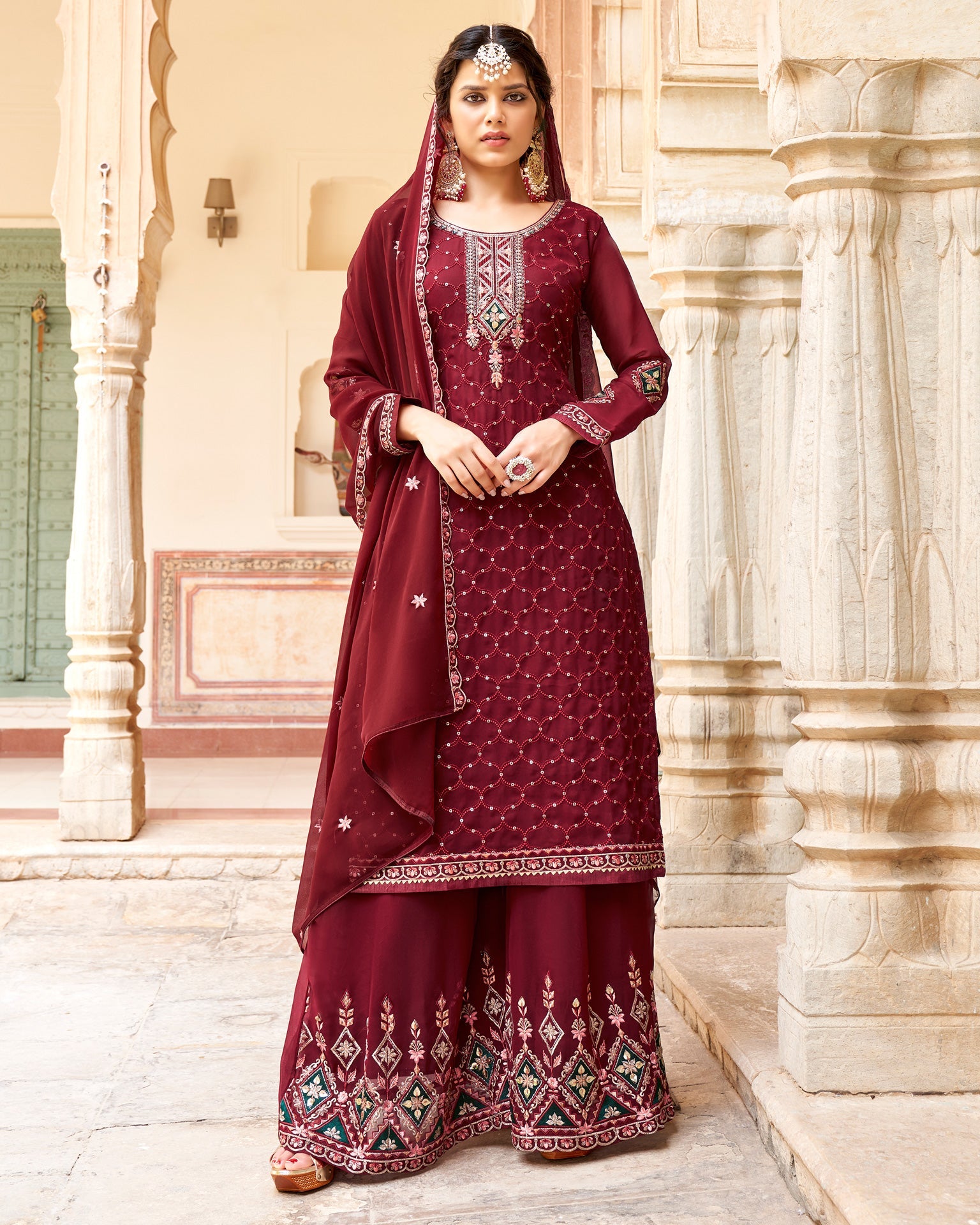 Maroon Georgette Palazzo Suit With Embroidered Dupatta