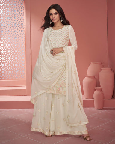 Off White Pure Georgette Sequins Work Palazzo Suit With Embroidered Dupatta