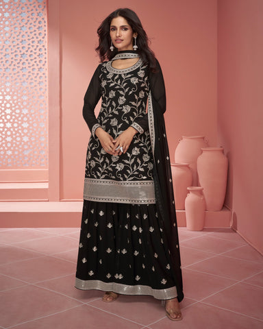 Black Pure Georgette Sequins Work Palazzo Suit With Embroidered Dupatta