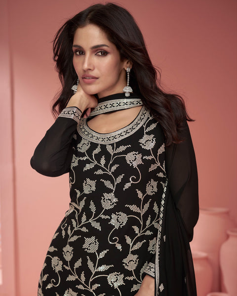 Black Pure Georgette Sequins Work Palazzo Suit With Embroidered Dupatta