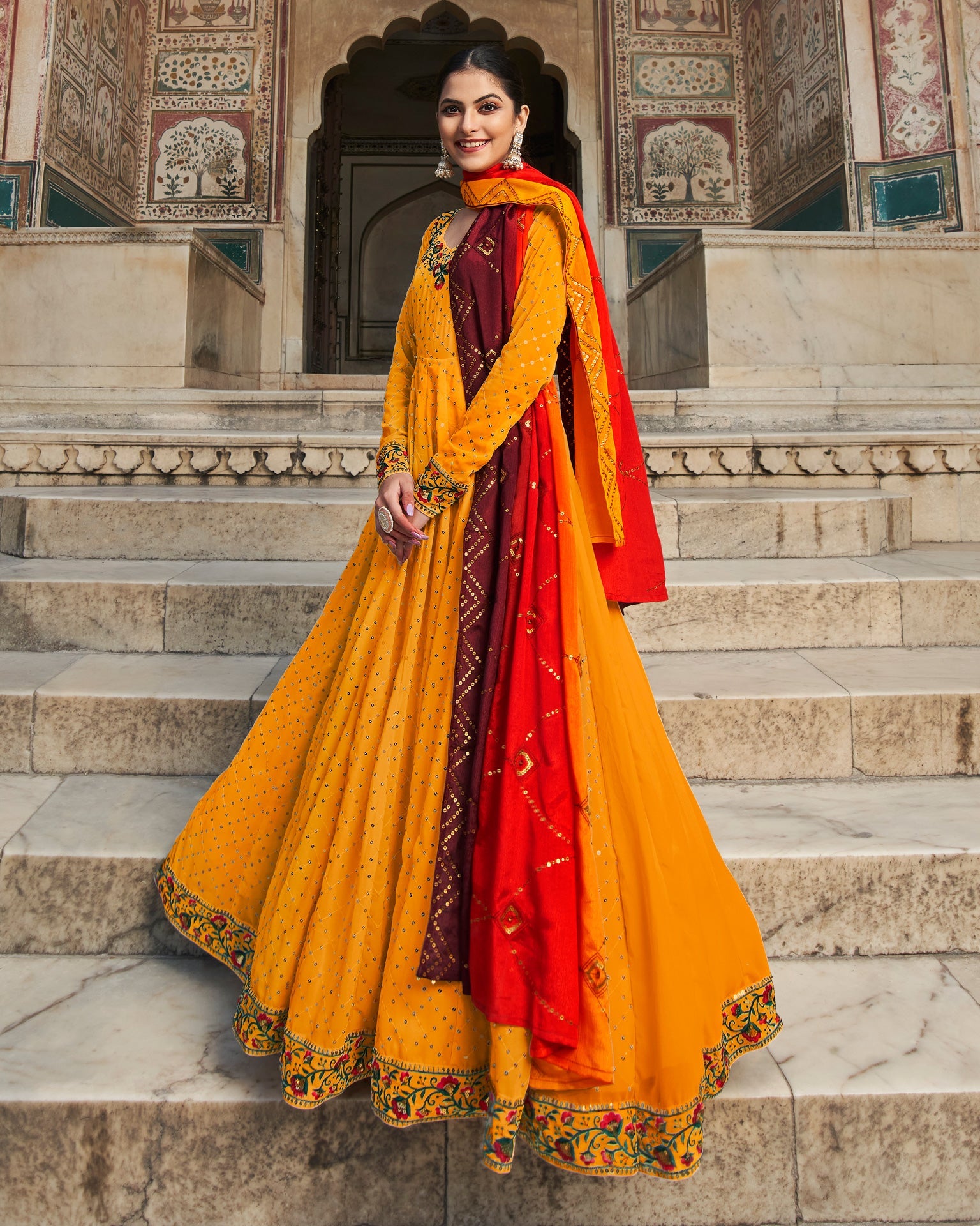 Yellow Sequins Work Frock Suit With Multicolor Dupatta