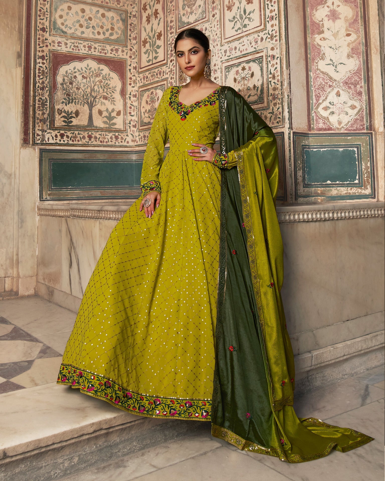 Green Sequins Work Frock Suit With Multicolor Dupatta