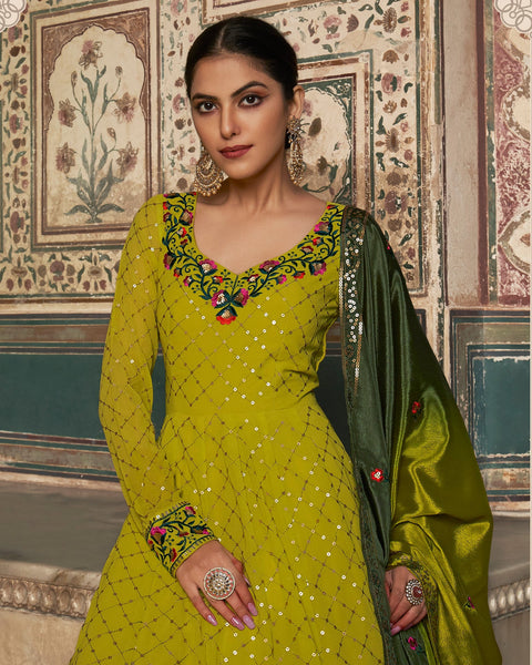 Green Sequins Work Frock Suit With Multicolor Dupatta
