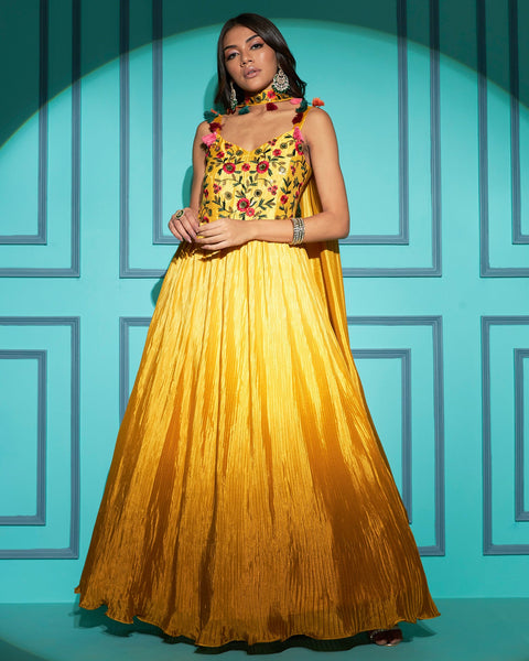 Yellow Chinon Fabric Embroidered Floor Length Gown For Wedding Party