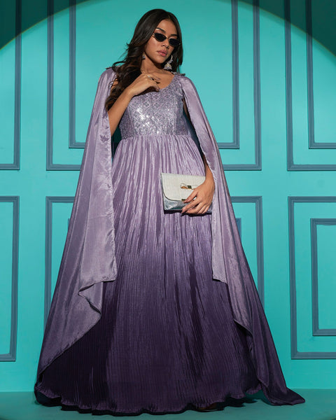Purple Chinon Fabric Embroidered Floor Length Gown For Wedding Party