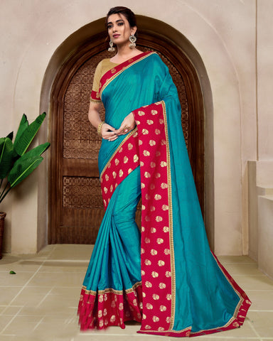 Teal Silk Cut Work Saree With Beige Raw Silk Blouse & Pink Embroidered Jacket