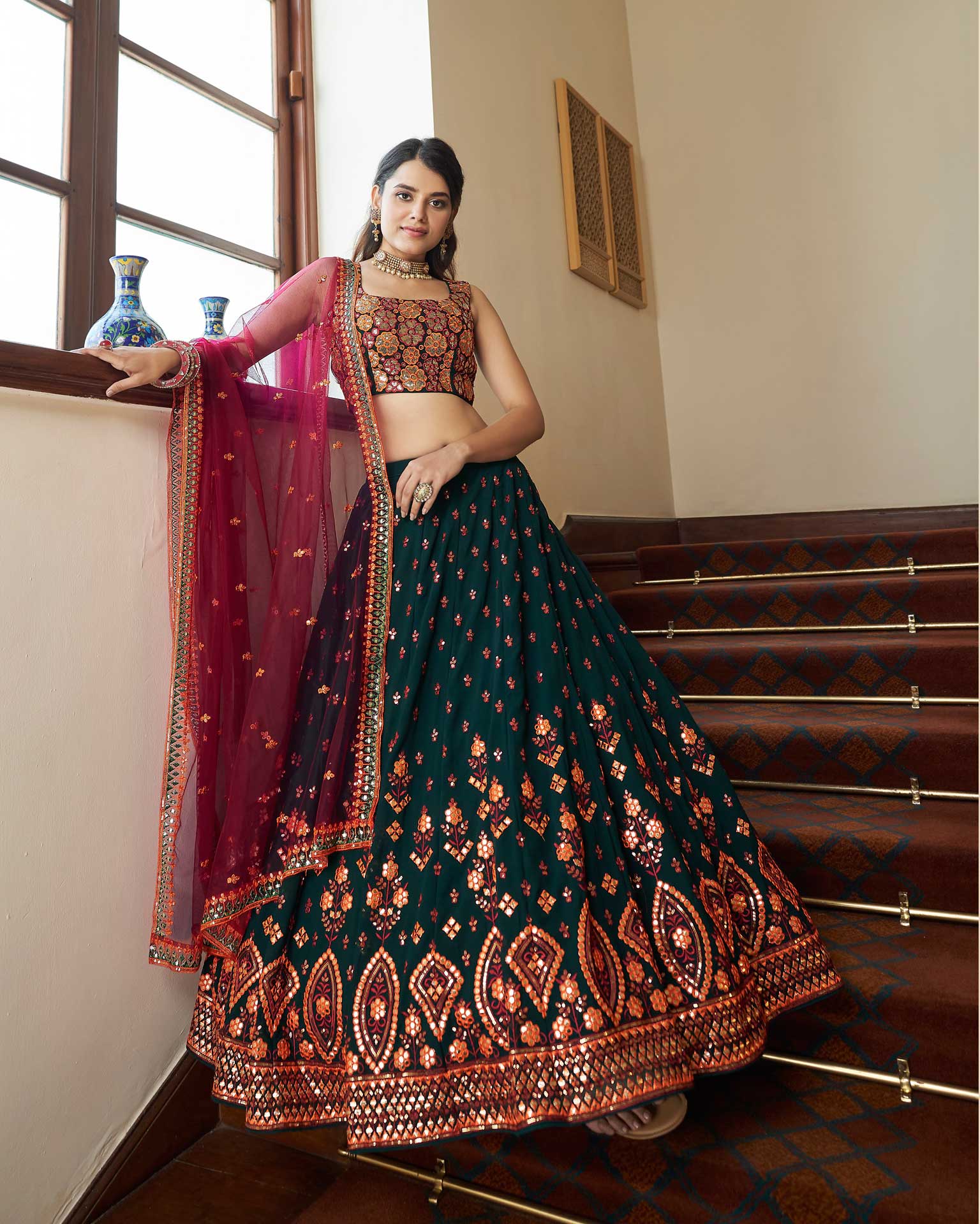 Bridal Pink Velvet Lehenga With Peacock Green Velvet Angrakha Shervani -  Couple Collections - Collections