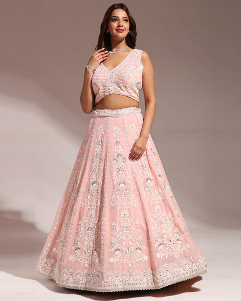 Baby Pink Sequins Embroidered Pure Georgette Lehenga Choli With Net Dupatta