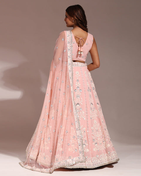 Baby Pink Sequins Embroidered Pure Georgette Lehenga Choli With Net Dupatta