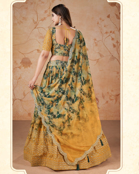 Yellow & Green Faux Georgette Digital Print Sequins & Zari Work Lehenga Choli With Printed Dupatta