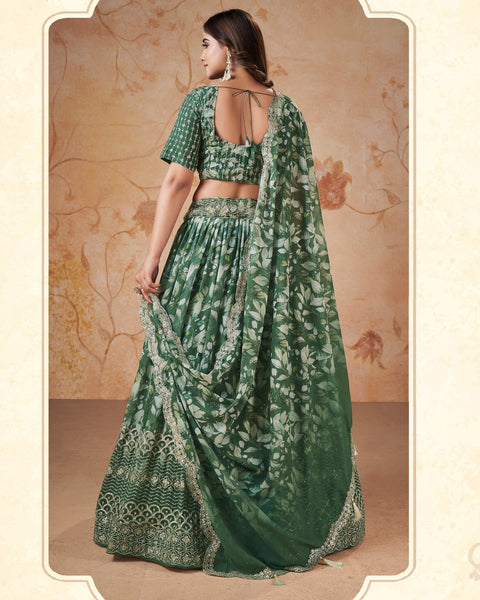 Green Faux Georgette Digital Print Sequins & Zari Work Lehenga Choli With Printed Dupatta