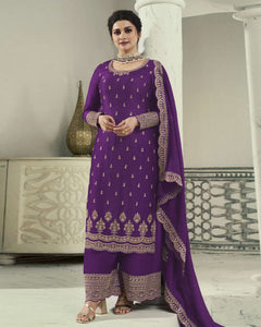 Purple Zari Work Silk Georgette Palazzo Suit With Purple Georgette Dupatta