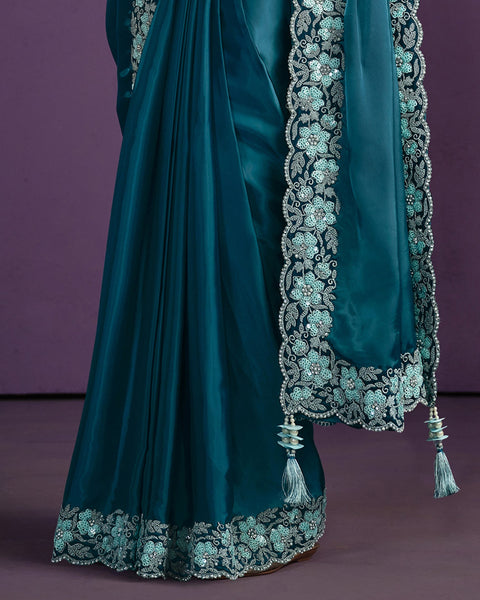 Light Blue Crepe Satin Silk Embroidered Readymade Saree With Stitched Blouse