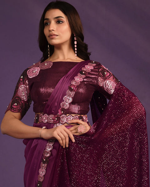 Purple Crepe Satin Silk Embroidered Readymade Saree With Stitched Blouse