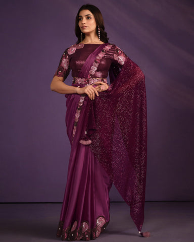 Purple Crepe Satin Silk Embroidered Readymade Saree With Stitched Blouse