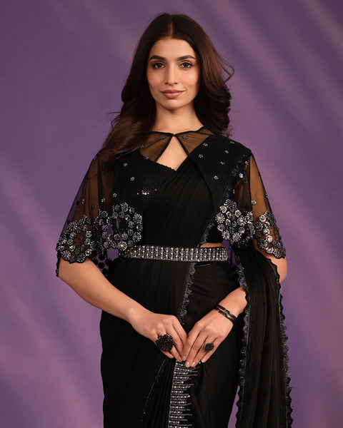 Black Crepe Satin Silk Embroidered Readymade Saree With Stitched Blouse & Poncho