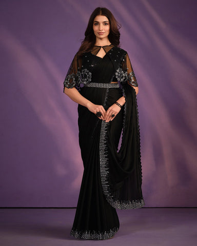 Black Crepe Satin Silk Embroidered Readymade Saree With Stitched Blouse & Poncho