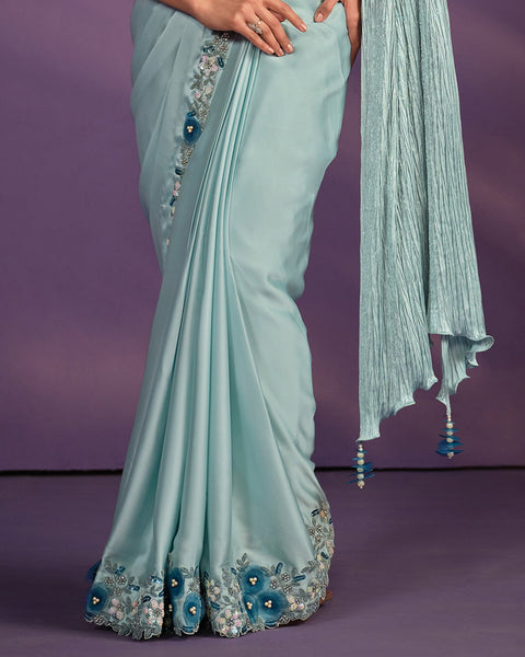 Sea Green Crepe Satin Silk Embroidered Readymade Saree With Stitched Blouse & Belt