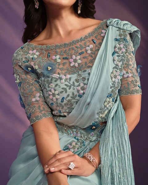 Sea Green Crepe Satin Silk Embroidered Readymade Saree With Stitched Blouse & Belt