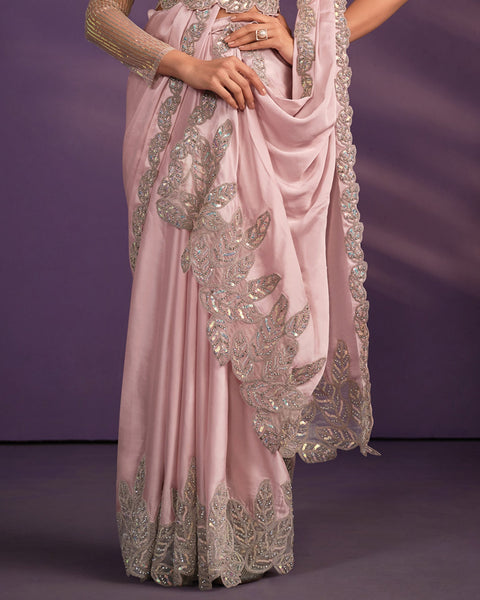 Pink Crepe Satin Silk Embroidered Readymade Saree With Stitched Blouse & Belt