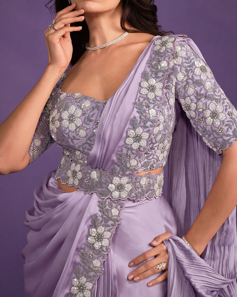 Lavender Crepe Satin Silk Embroidered Readymade Saree With Stitched Blouse & Belt